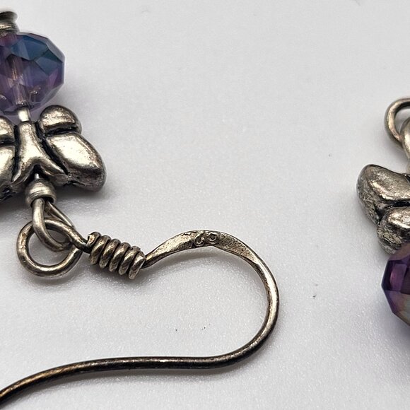 VTG Sterling Silver Butterfly Dangle Drop Earrings Dainty Purple AB style bead - Picture 6 of 8